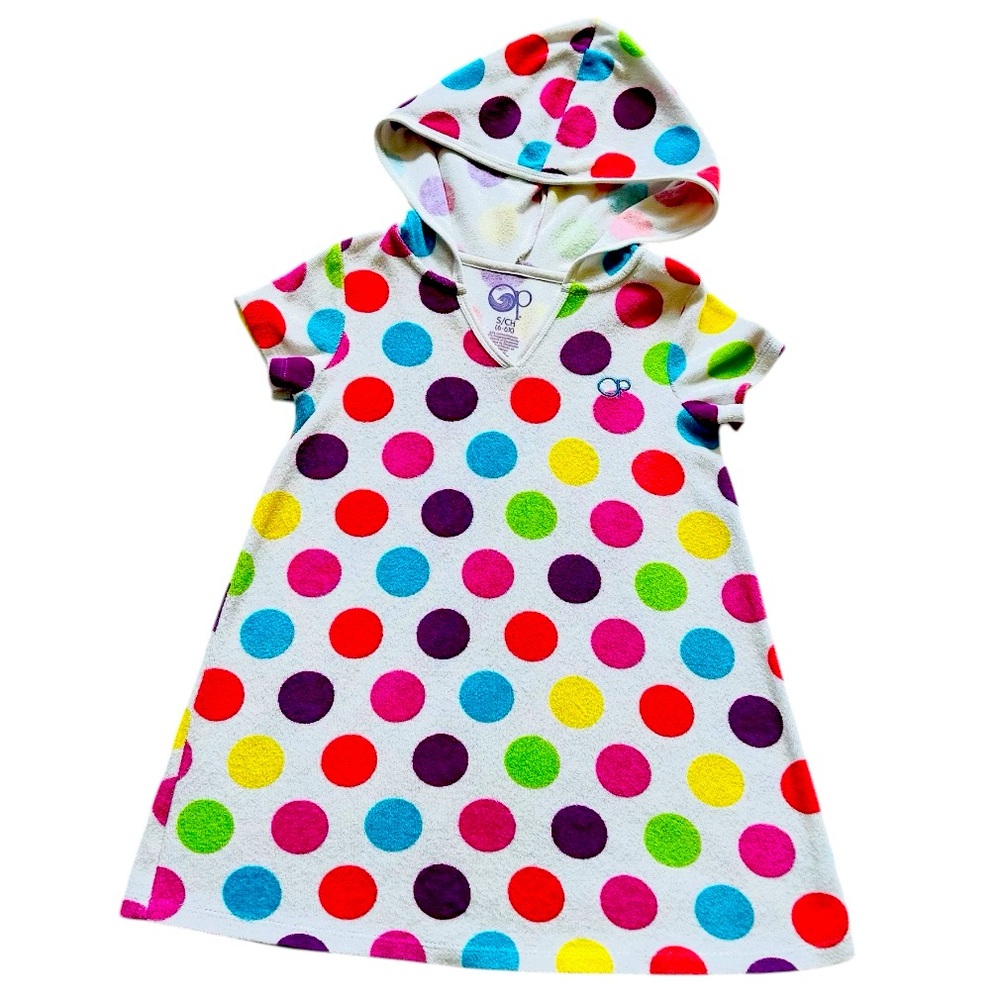 OP Girls swim cover up polka dot dress. Hooded Terrycloth dress size S 6-6X
